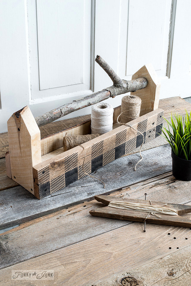 Old wood box stenciled with Funky Junk Interiors - Old Sign Stencils. This design is called Buffalo Check.