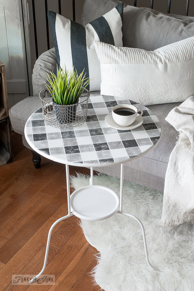 Metal table stenciled with Funky Junk Interiors - Old Sign Stencils. This design is called Buffalo Check.