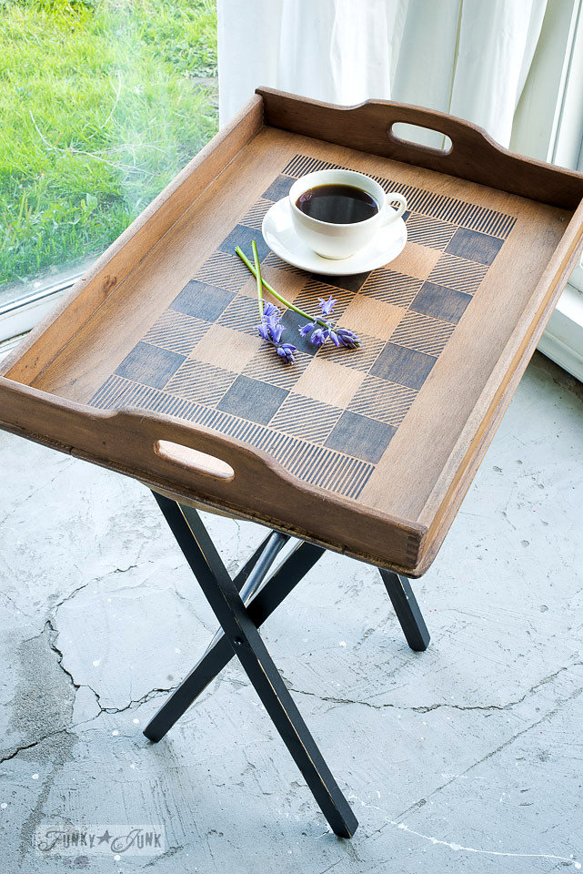 Wood tray stenciled with Funky Junk Interiors - Old Sign Stencils. Stencils used are Buffalo Check and Fringe.