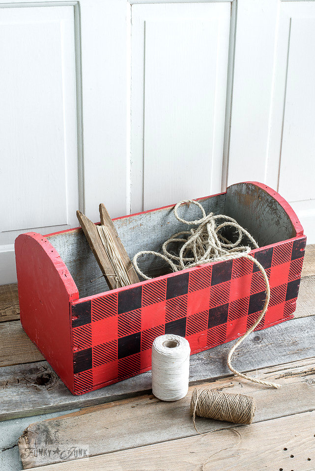 Old wood box stenciled with Funky Junk Interiors - Old Sign Stencils. This design is called Buffalo Check.