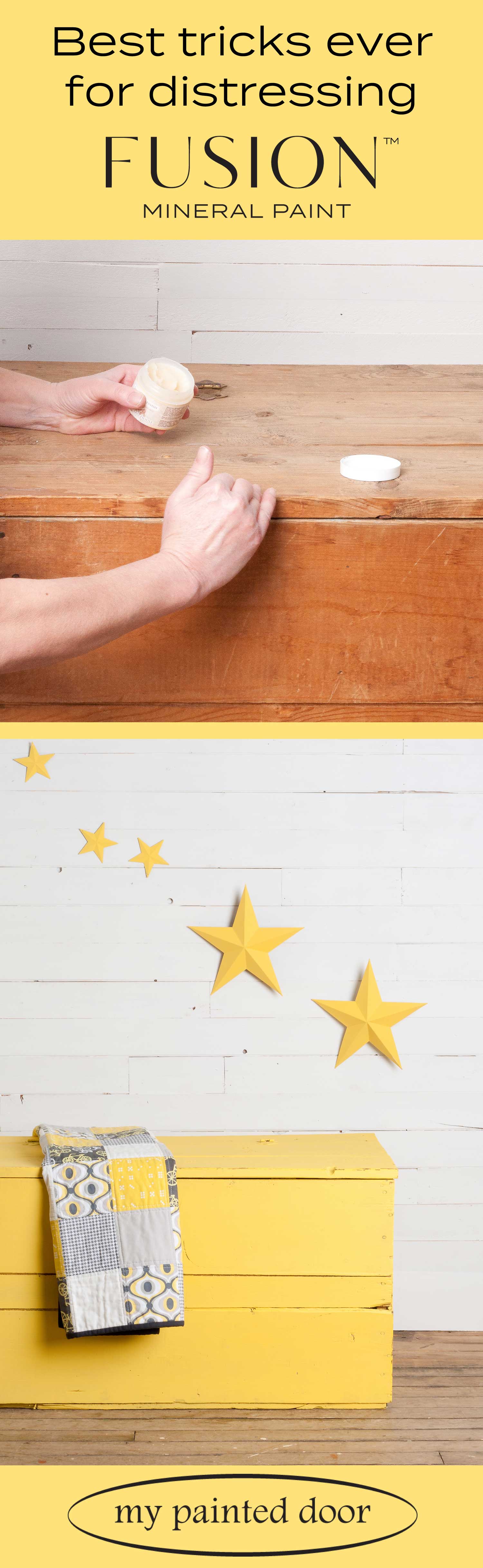 Wood box and metal stars painted with Fusion Mineral Paint in the colour Little Star. Check out my blog post for some great distressing tricks!