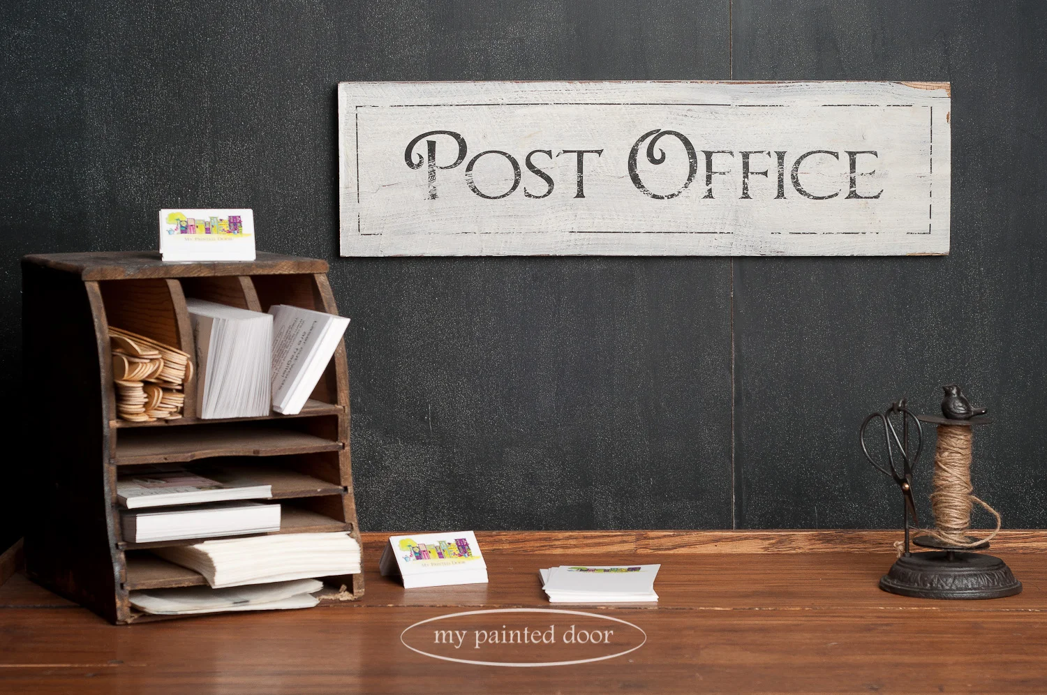 Post office signed painted with Miss Mustard Seed's Milk Paint and wording done with Fusion Mineral Paint Decoupage and Transfer Gel.