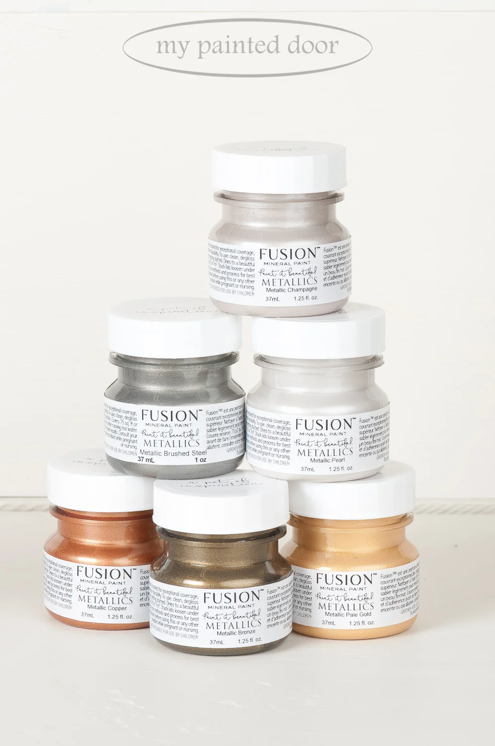Fusion Metallics Champagne, Brushed Steel, Pearl, Copper, Bronze, Pale Gold.