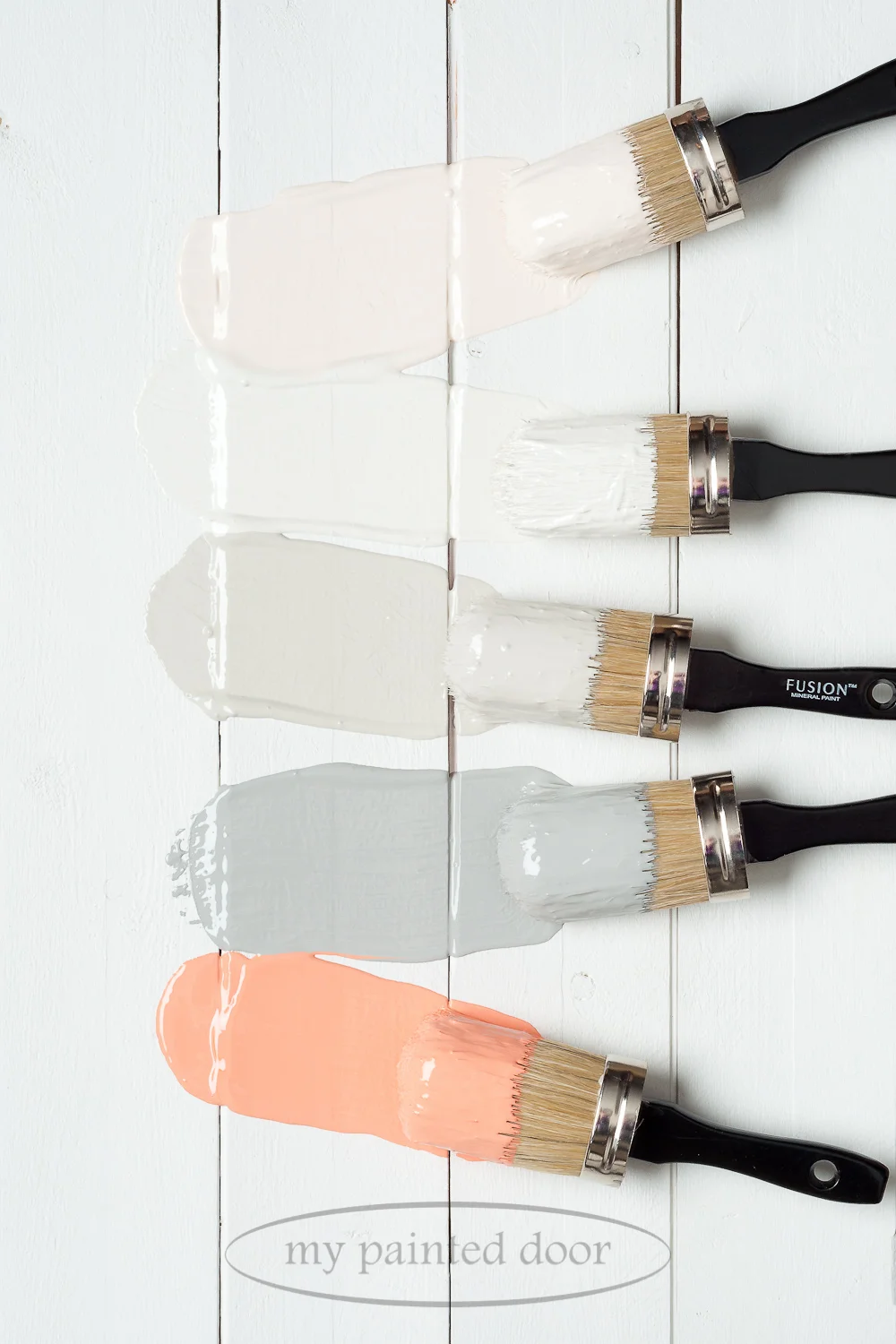 Fusion Mineral Paint Little Piggy, Raw Silk, Putty, Little Lamb and Coral.