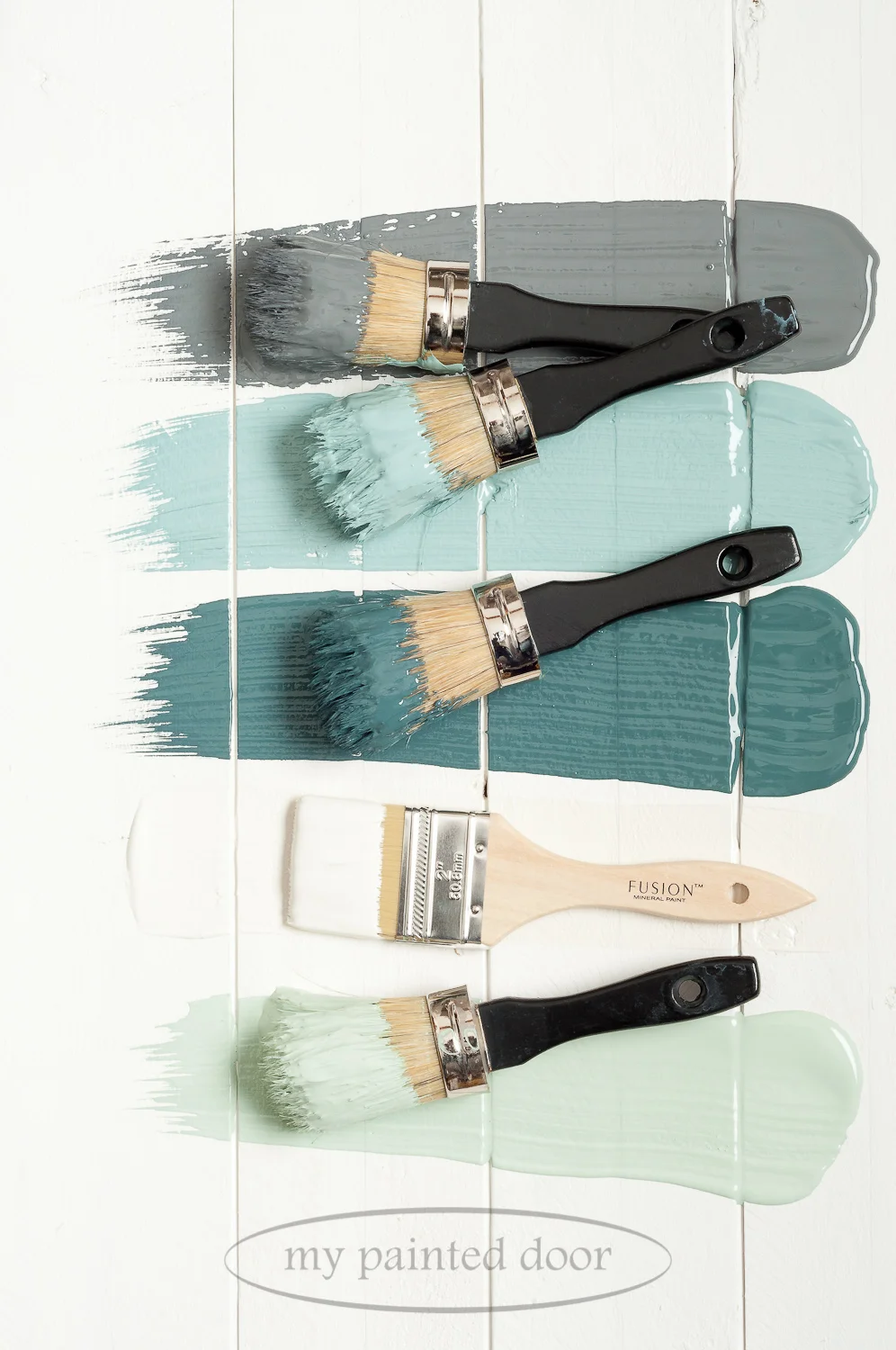 Fusion Mineral Paint Soapstone, Heirloom, Homestead Blue, Raw Silk and Inglenook.