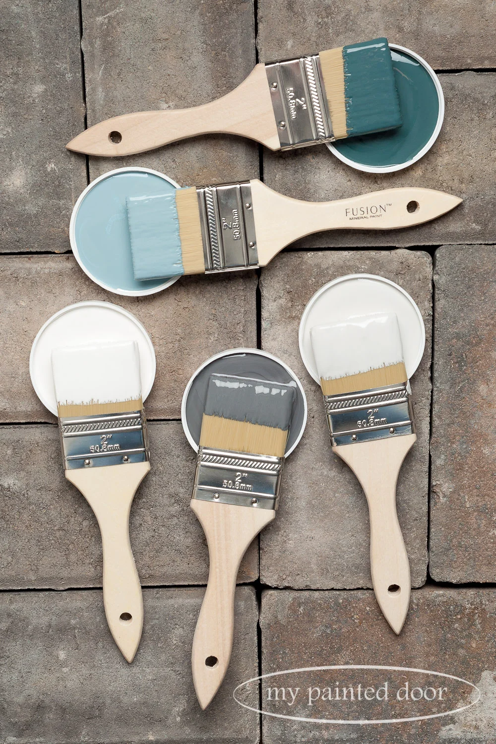 Fusion Mineral Paint Homestead Blue, Champness, Picket Fence, Soapstone and Lamp White