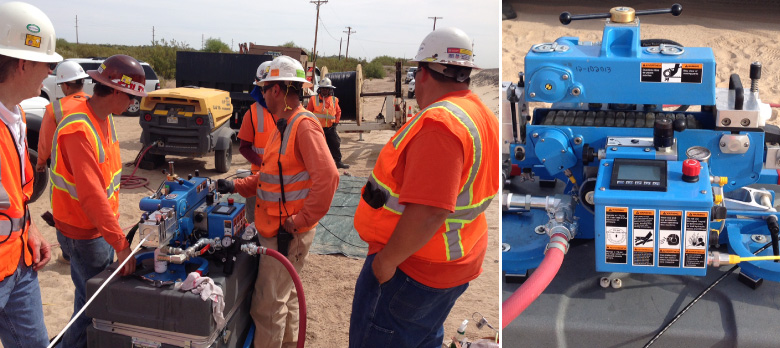 Left: HP is blowing microfiber into the "white" 10/8 microduct. Right: Condux Fiber Optic Blower