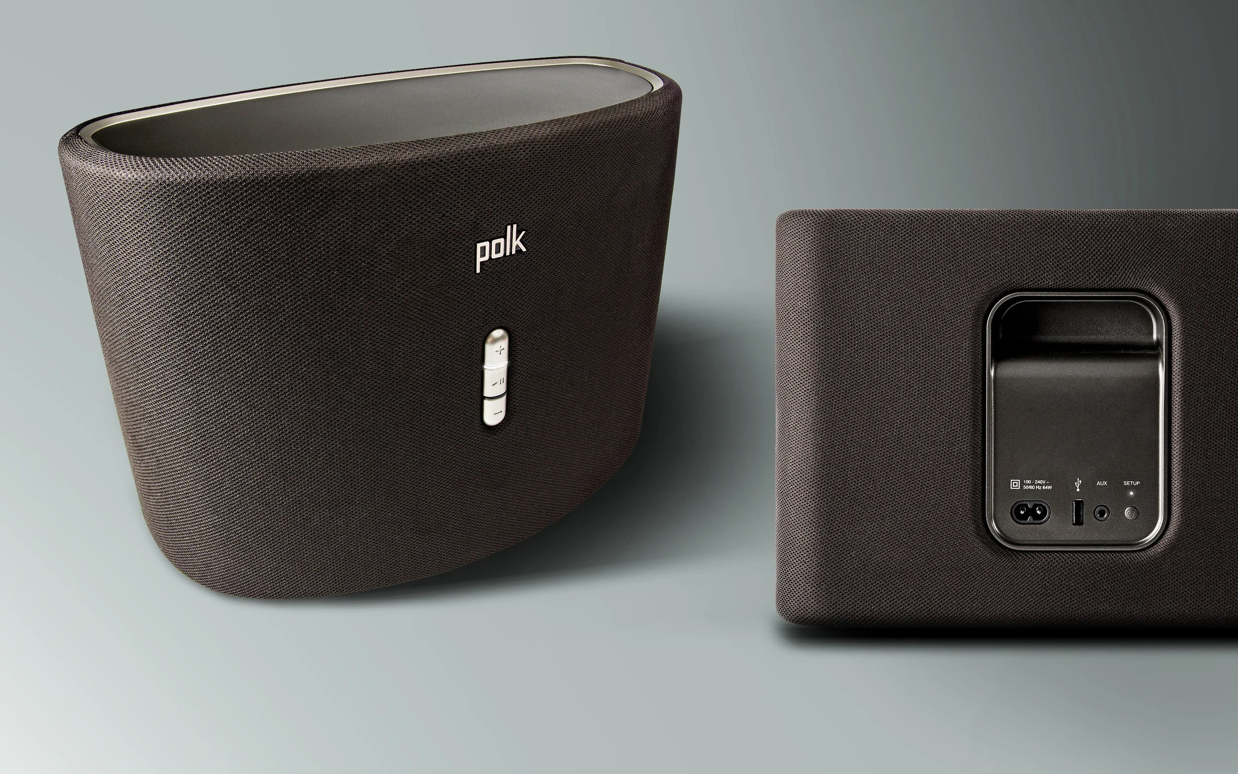 The Polk Omni S6 uses simple color association to communicate source behavior (white for wi-fi, amber for aux). It shares a minimal and approachable user interface, warm material palette, and completes the ecclectic Omni family