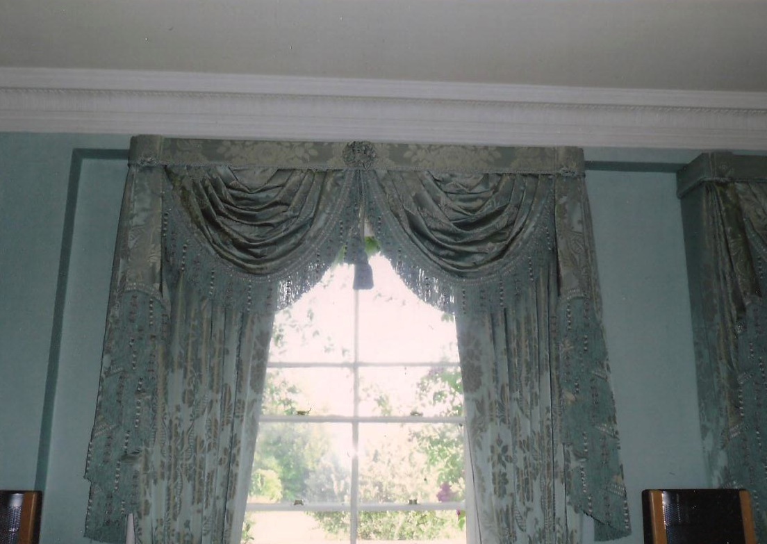 Oxfordshire Country House- Curtains with swags and tails with pelmet.