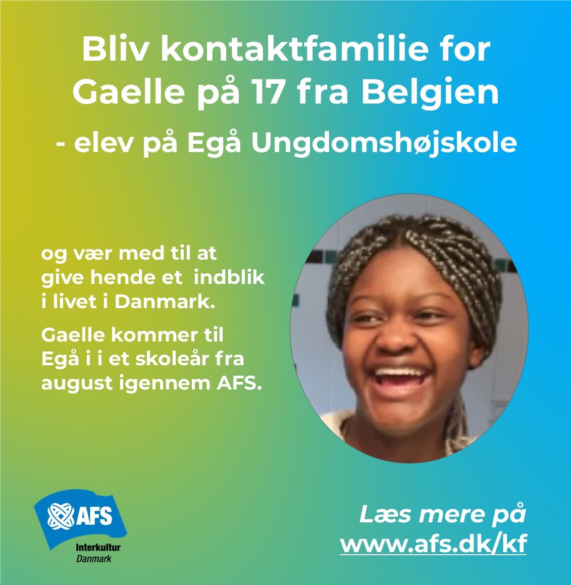 Til august kommer belgiske Gaelle p&aring; 17 til Eg&aring; Ungdoms-H&oslash;jskole som elev igennem AFS. Vil du v&aelig;re hendes kontaktperson? 🇧🇪

Gaelle dyrker dans (blandt andet ballet), spiller hockey og holder af at tegne. Hun er lettere all