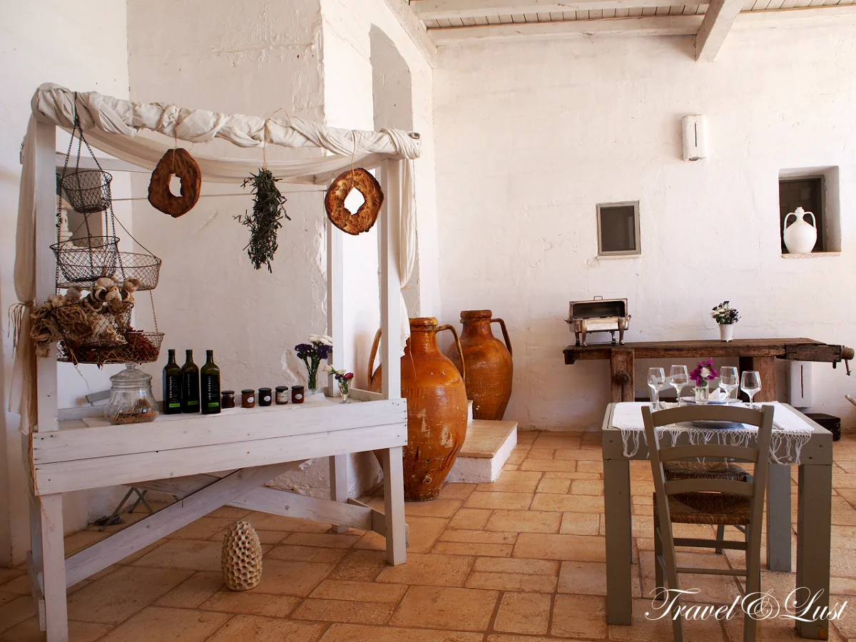 Charming breakfast station where guests can enjoy a selection of cheeses, cold cut meats, and of course their own olive oil and tomatoes.
