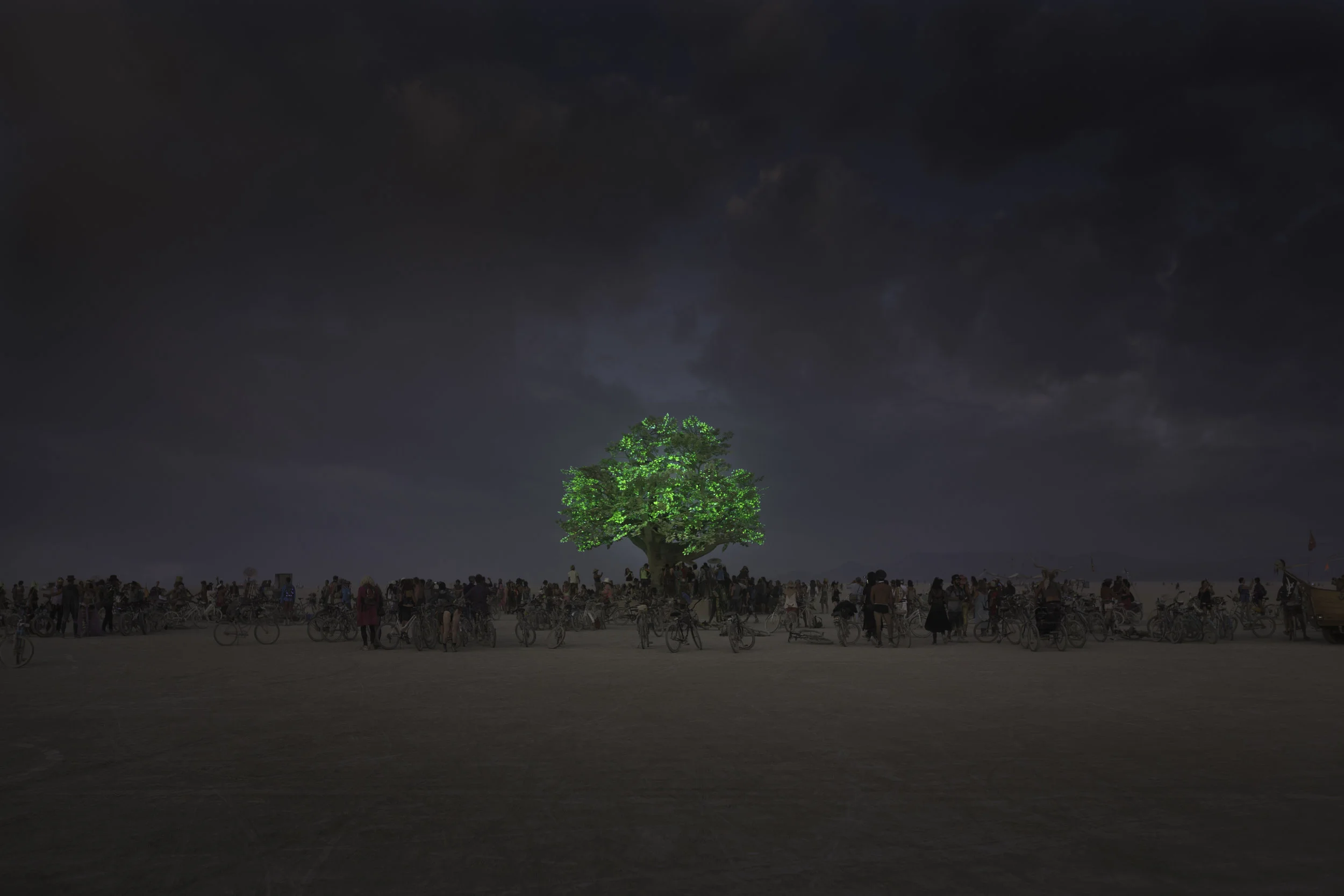 The Tree of Tènèrè is 32 feet tall with over 170,000 interactive LED's that synchronize to the heartbeats, dance movements and rhythms of the festival.