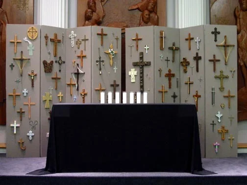 Close-up, community devotional crosses on 6 ft panels