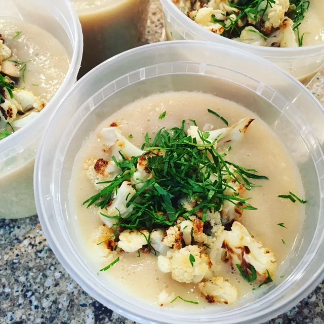 Erik's roasted cauliflower soup we served to a family we're personally cooking for. It's SO good! 