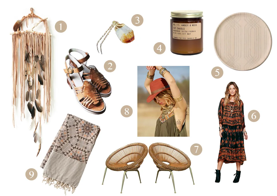 / 1 / Electric Love dream catchers / 2 / huarache sandals / 3 / Geode necklace via Gossamer & Violet / 4 / Pommes Frites amber & moss soy candle / 5 / The Vintage Vogue's hand drawn trays / 6 / S mock dresses / 7 / Pair o' chairs / 8 / Floppy hats / 9 / Honeycomb cotton throw 