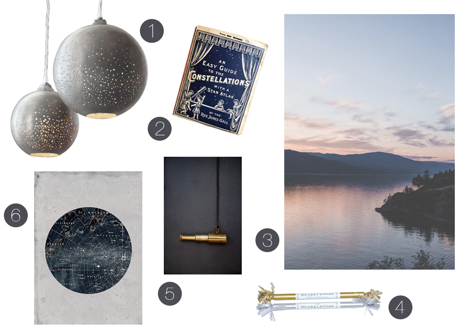 / 1 / Constellation Lanterns / 2 / Vintage guide to the stars / 3 / Dreamy sunsets / 4 / Sparklers / 5 / Telescope necklace / 6 / Handmade constellation map poster