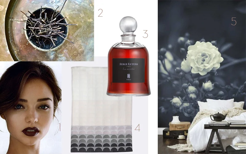 / 1 / oxblood lipstick / 2 / Bellocq's Shire Highland Antlers / 3 / Serge Luten's La Myrrhe Cloche / 4 / Ferm's Bridges Tea Towel / 5 / photographic mural wall coverings