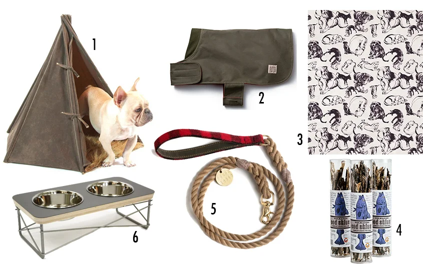 / 1 / Dog house tee pees / 2 / Filson's Shelter Cloth Dog Coat / 3 / Natalya Zahn's "NOT Puppy" wrapping paper / 4 / Cod Skin dog treats by Polka Dog Bakery / 5 / Found My Animal leash / 6 / Modern pet feeder from Etsy