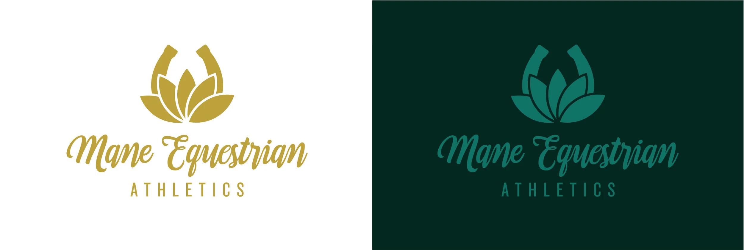 The final mark combines the horseshoe shape (equestrian) with a recognisable yoga symbol (lotus flower) to create a strong yet elegant logo.