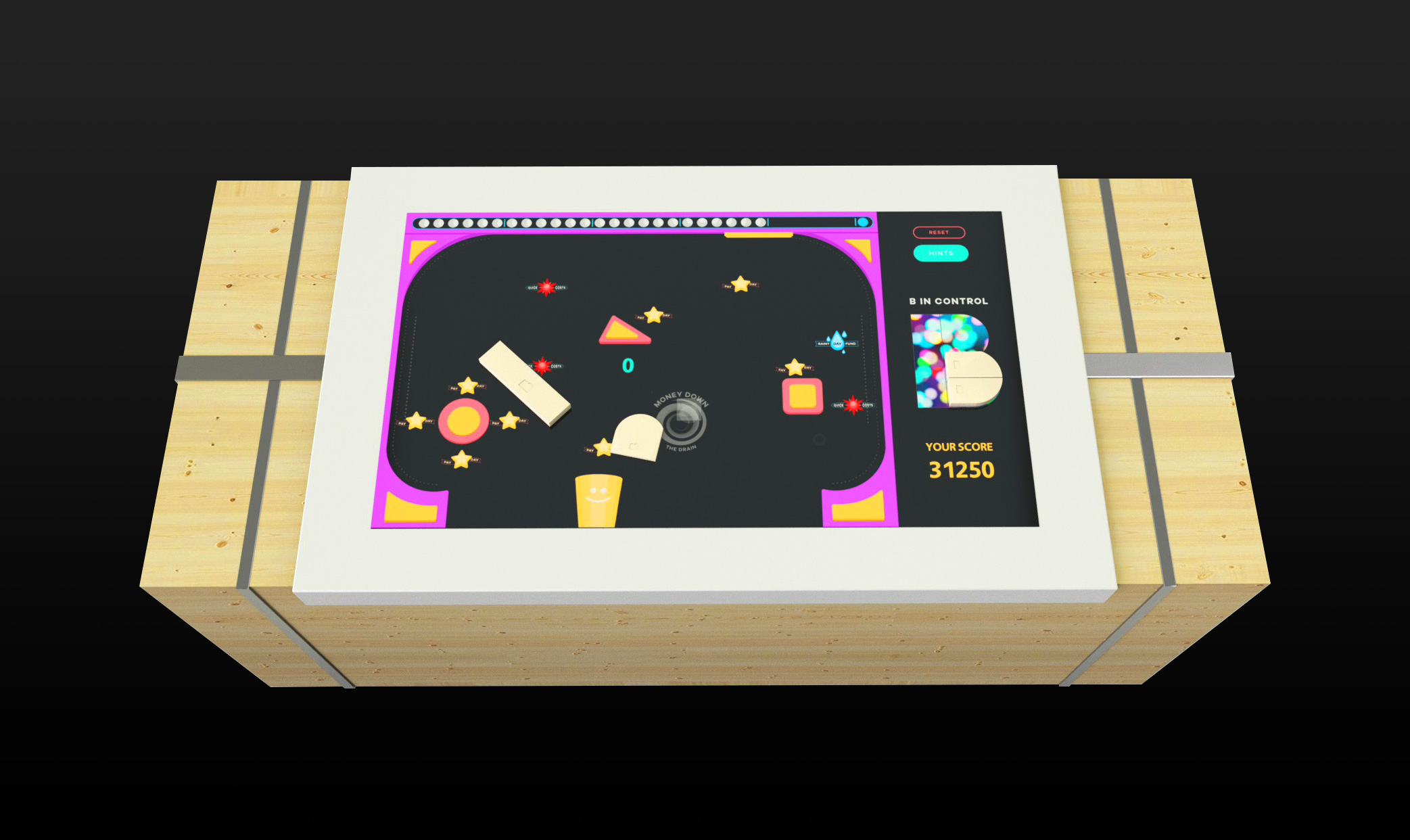 The objective of the game is to catch the falling "pinballs" (which represent money) into the "fun pot" (which represents a savings account) at the bottom of the screen. Throughout the game there will be obstacles and hidden costs trying to stand in your way.