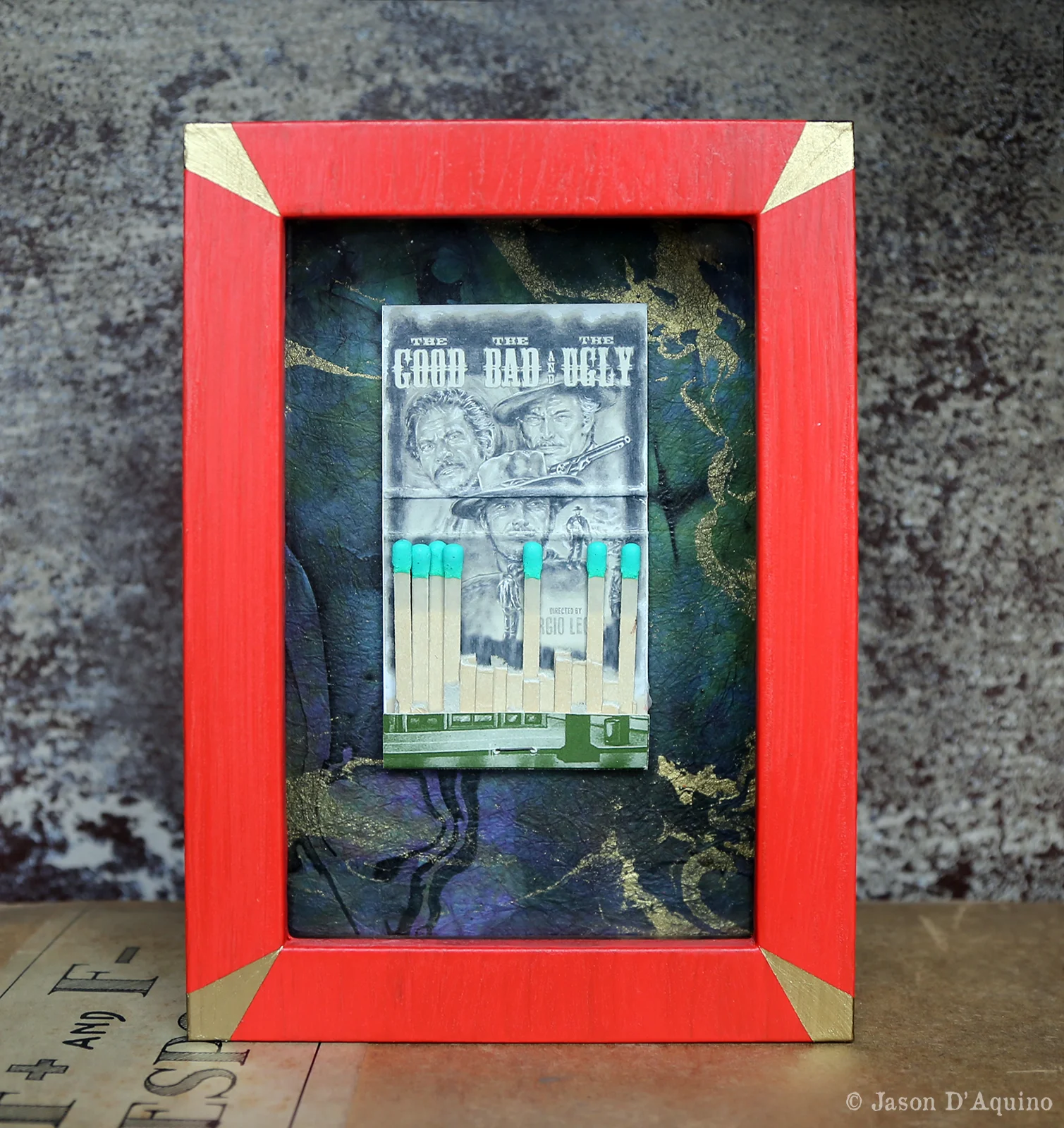 THE GOOD THE BAD AND THE UGLY : FINE ART PRINT MINIATURE GRAPHITE DRAWING ON FOUND VINTAGE MATCHBOOK 2015 © JASON DAQUINO