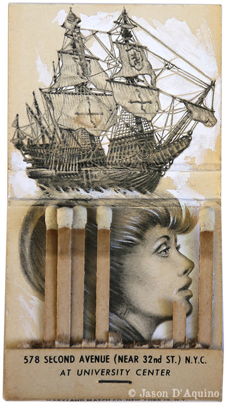 miniature graphite drawing on found vintage matchbook