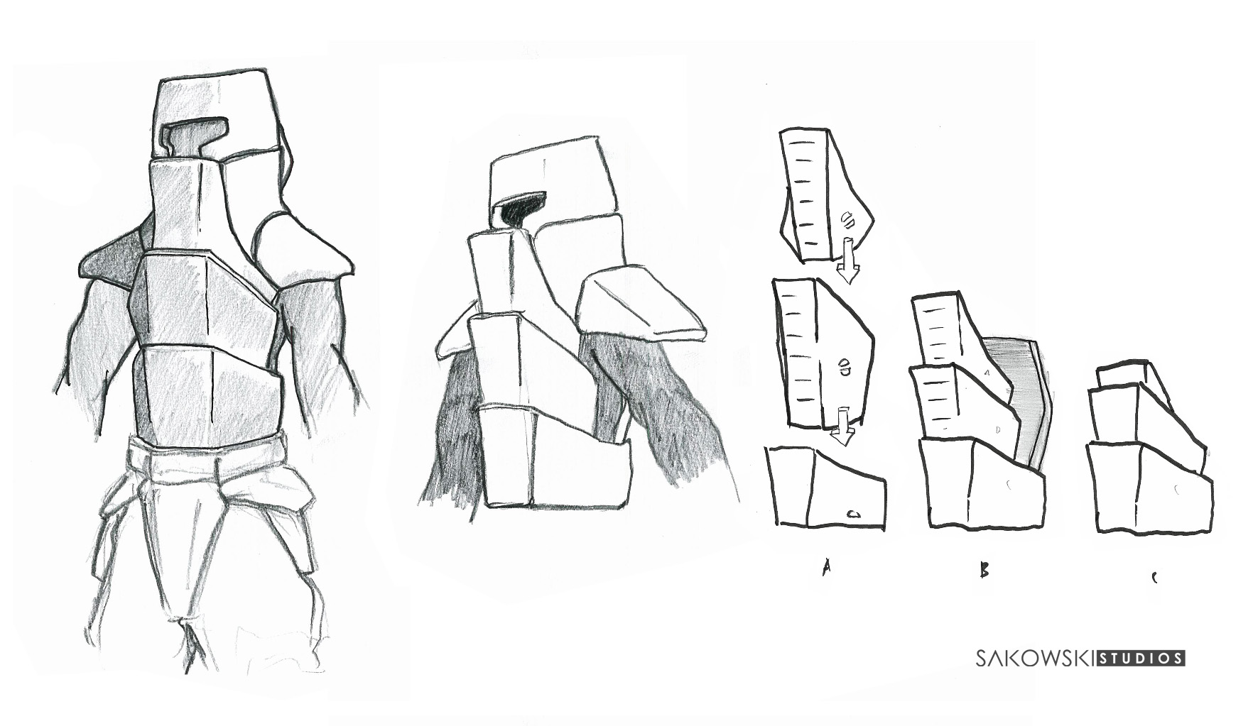 These designs I originally concepted around 2007 - 2008 they are, and will continue to be work in progress. I wanted to try something different from traditional armour that uses plates interlacing downwards. The idea is a reverse plate exo-shell, the plates act as a electromagnetic spring, they can compress omni-directionally as you move offering maximum protection to vital organs... against you know some kinda future hellish "Tank Animal"