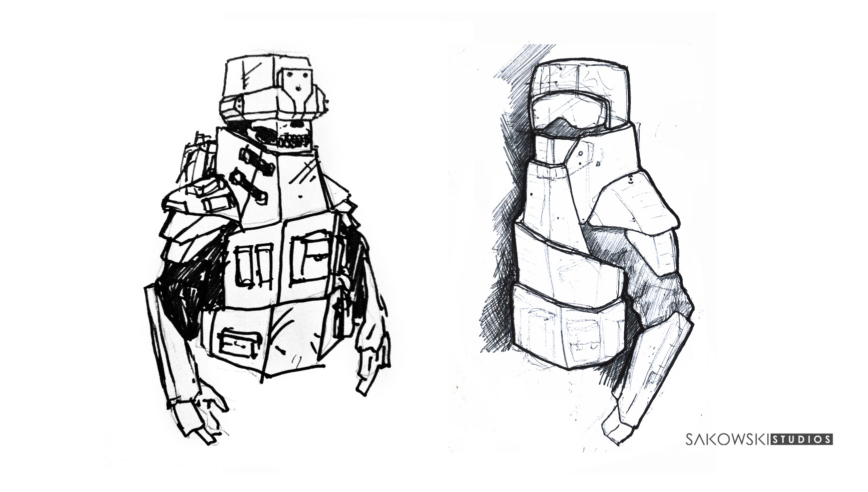 These design above were done during the construction process. After building the cardboard prototype we addressed questions such as, can you see your feet? so I added an extra jaw plate that in the real world would swivel up and down as the soldier moved his head. The system needs further refinement.
