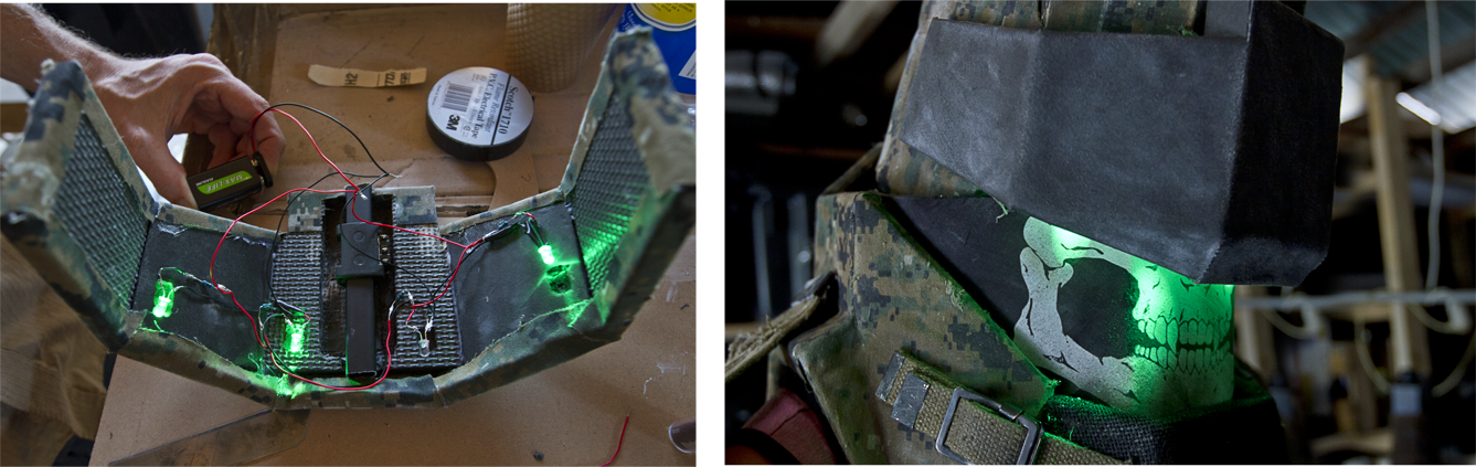 Craig smith helped wire up some practical lights to give the visor a classic night vision look.