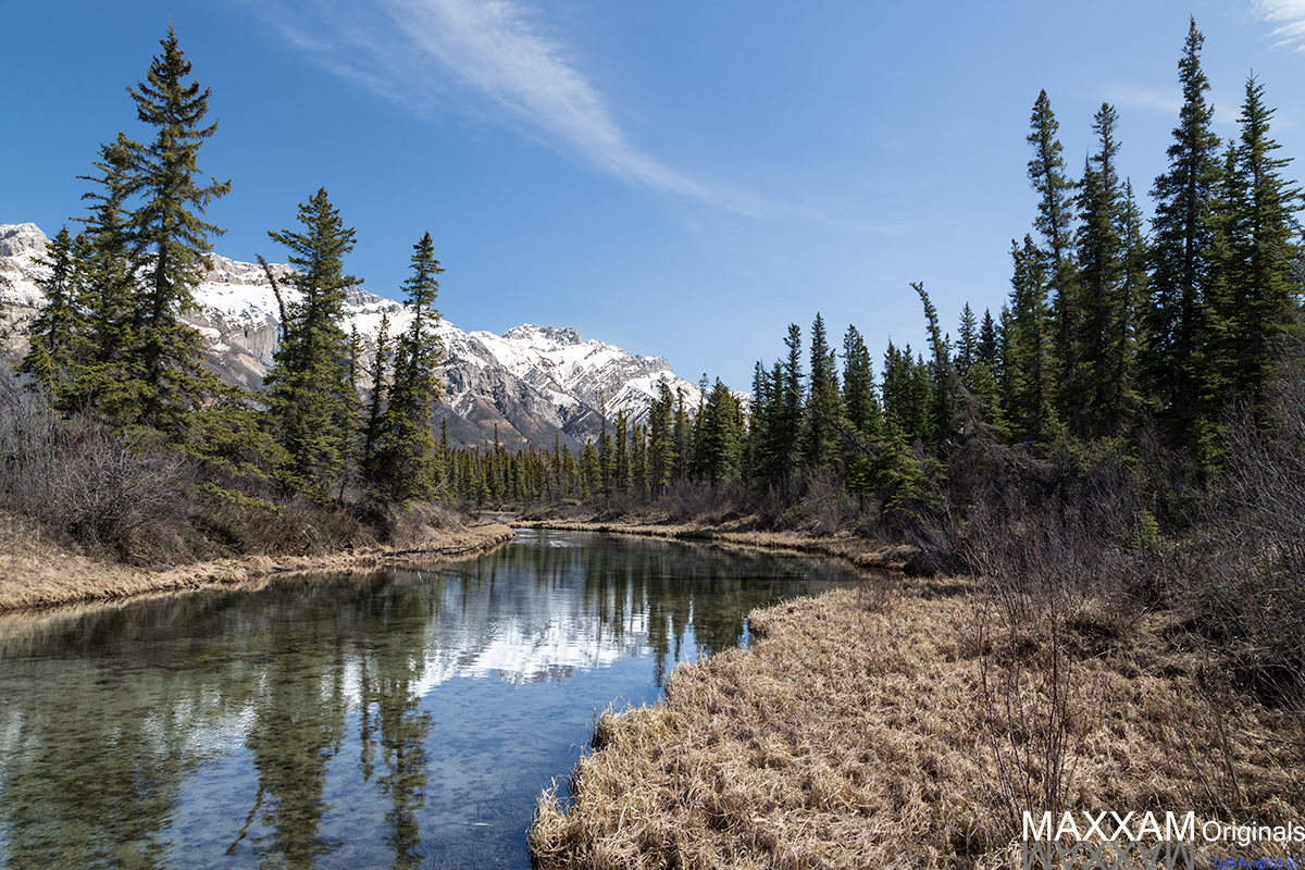 A small stream offers beautiful reflection of the mountains, trees and sky.