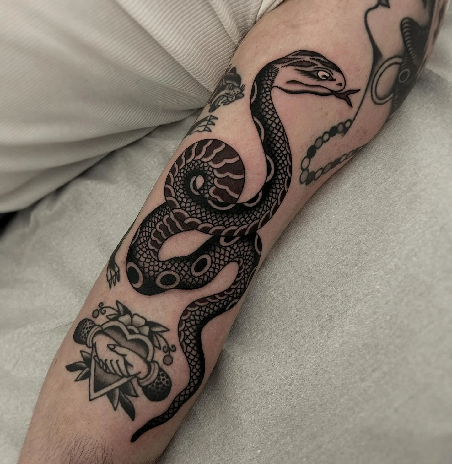 Freehanded snake. Thanks again @kon.ign !!!
A few spots left in May!!! DM to book!
Done @nuitnoiretattoo