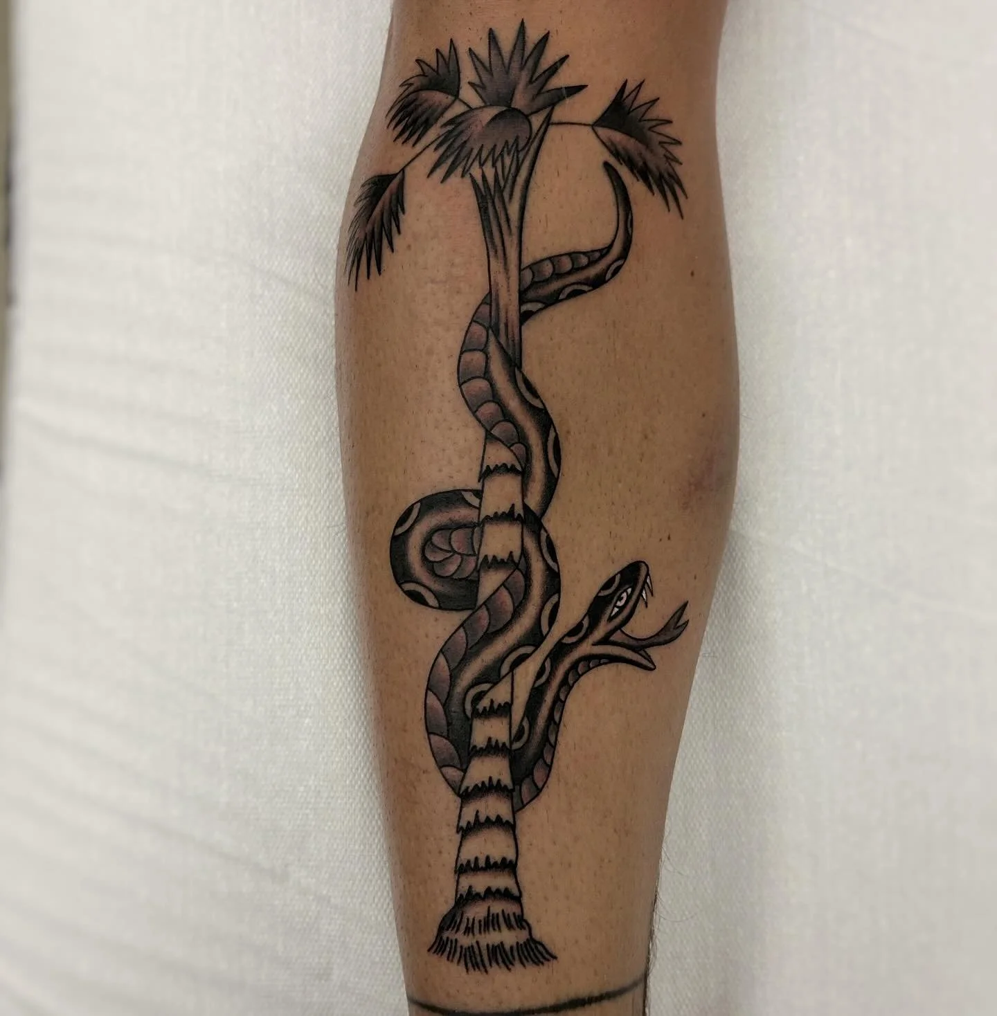 I’ve always loved this snake and tree symbol. Here’s one done at @nuitnoiretattoo . 
Enjoy your new born son! It was a pleasure tattooing you!