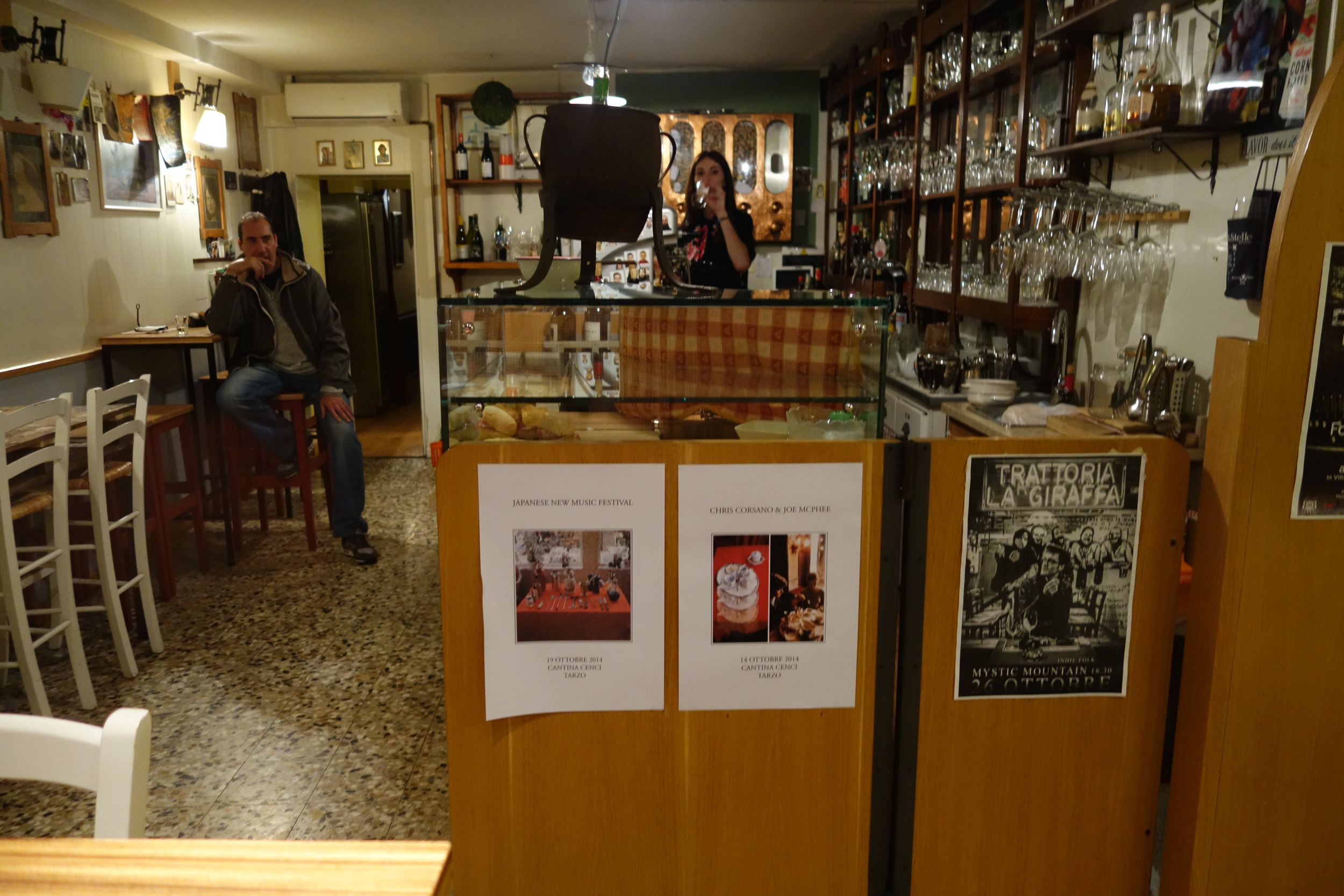 Cool bar in Vittorio; flyers for upcoming Kawabata & Corsano concerts.
