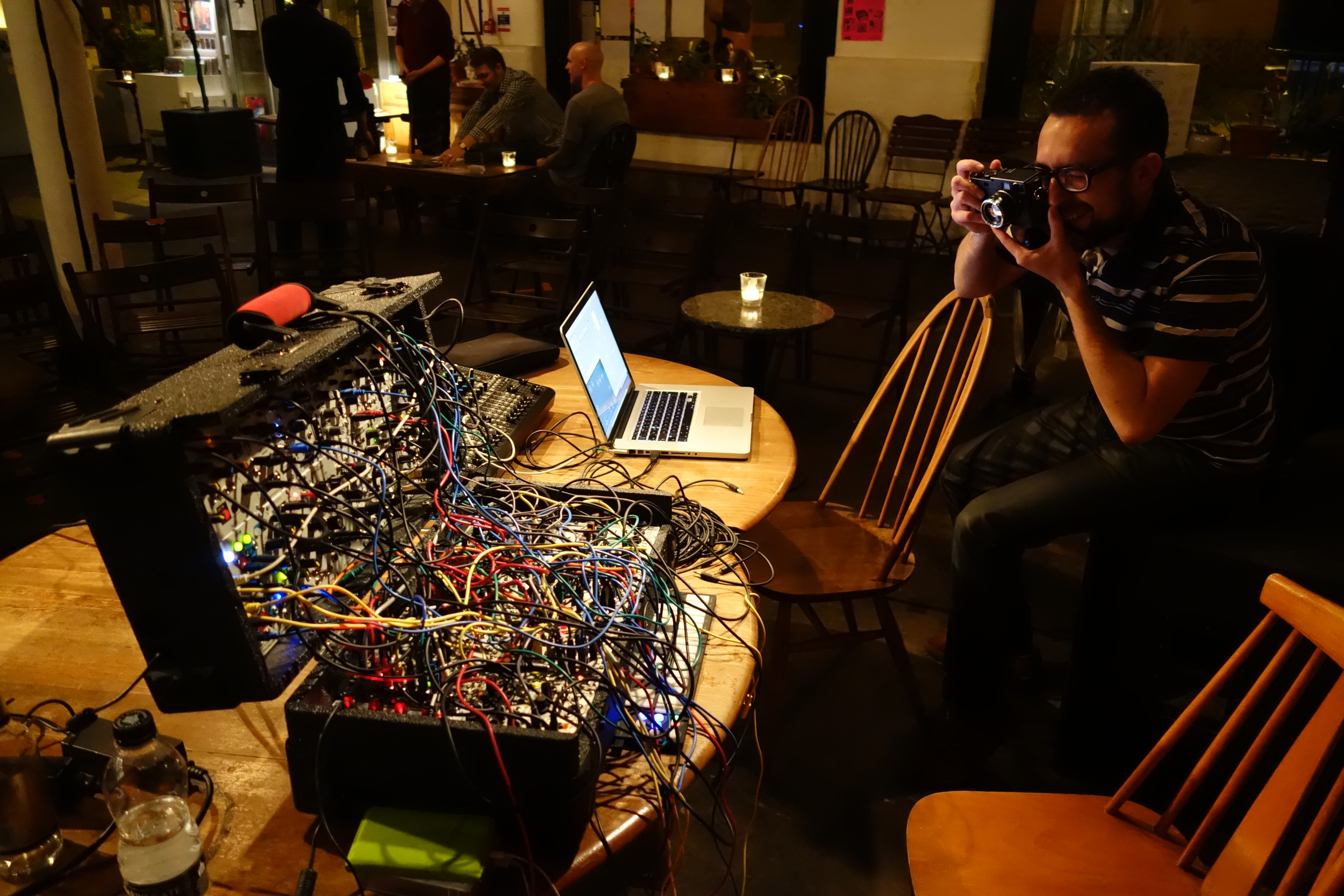 Fabio taking a photo of our setup at Cafe Oto.