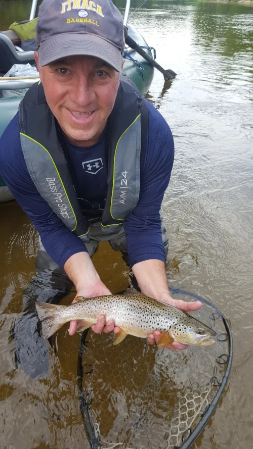 Client Gary Kolanda with a pristine Saco Brown. Caught floating the river in Early June 2017.