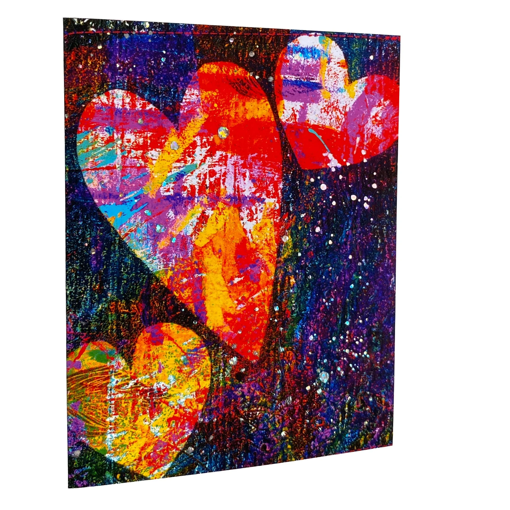 Fine art acrylic heart greeting card with speckled and dripped foil texture over vibrant layered hearts
