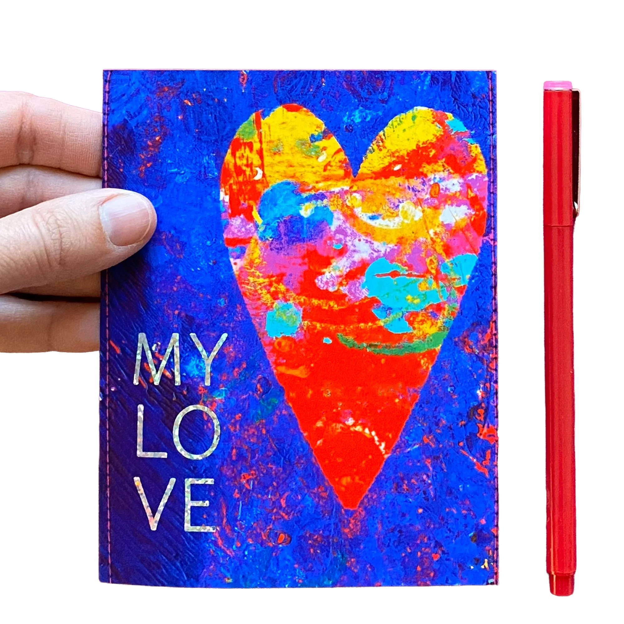 Fine art acrylic heart greeting card with metallic foil “LOVE” lettering and colorful heart artwork