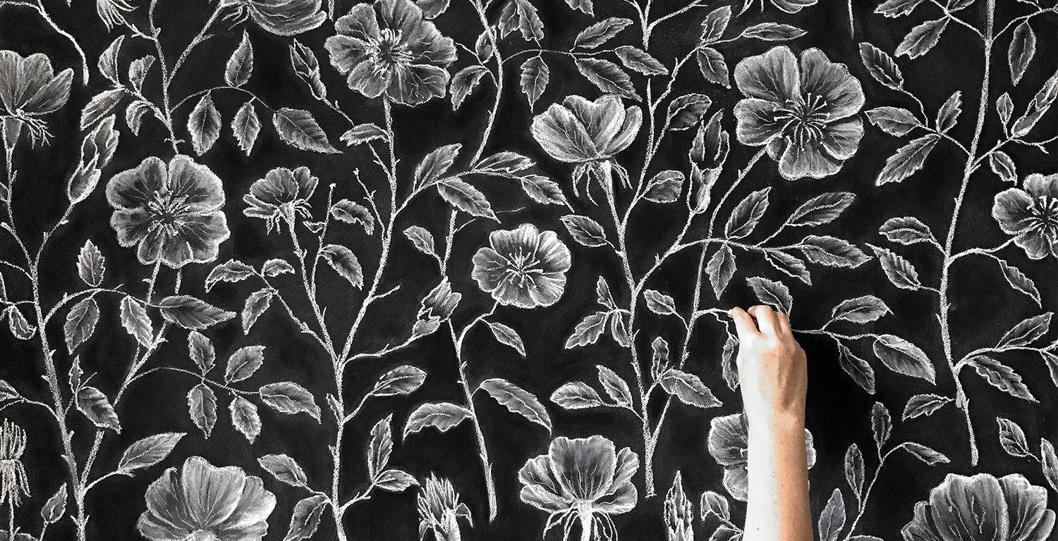 Hand Drawn Chalk Wallpaper Dog Roses Mural