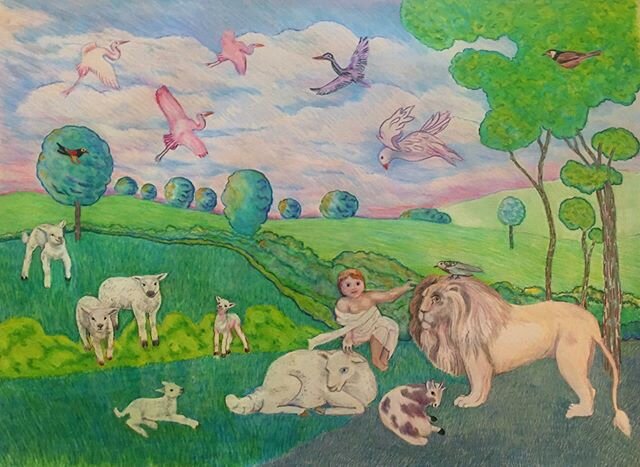 The Peaceable Kingdom, Colored Pencil on paper.  Homage to Edward Hicks, (1780-1849) one of my early favorites. Hicks was a Quaker and lived in a community that viewed Art as sinful. He reconciled this by painting images from Scripture.
#edwardhicks 