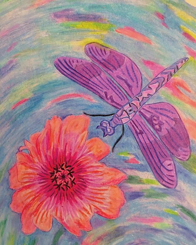 Another detail of my current drawing. I&rsquo;m looking forward to sharing the finished product. #dragonflies #flowers #art #drawings #clouds #vortex