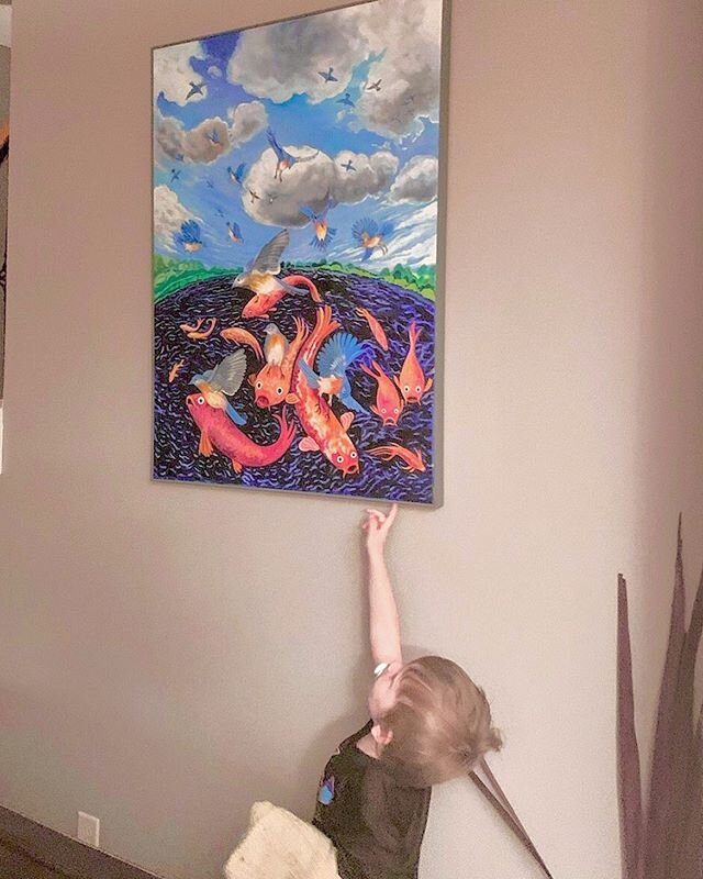 My favorite Art Critic. His name is Sam, and he knows what he likes.
#children #kids #art #painting #❤️ (Trouble Down at the Koi Pond, 36&rdquo; x 48&rdquo; Oil on Canvas &copy;Sheilah Grogan)