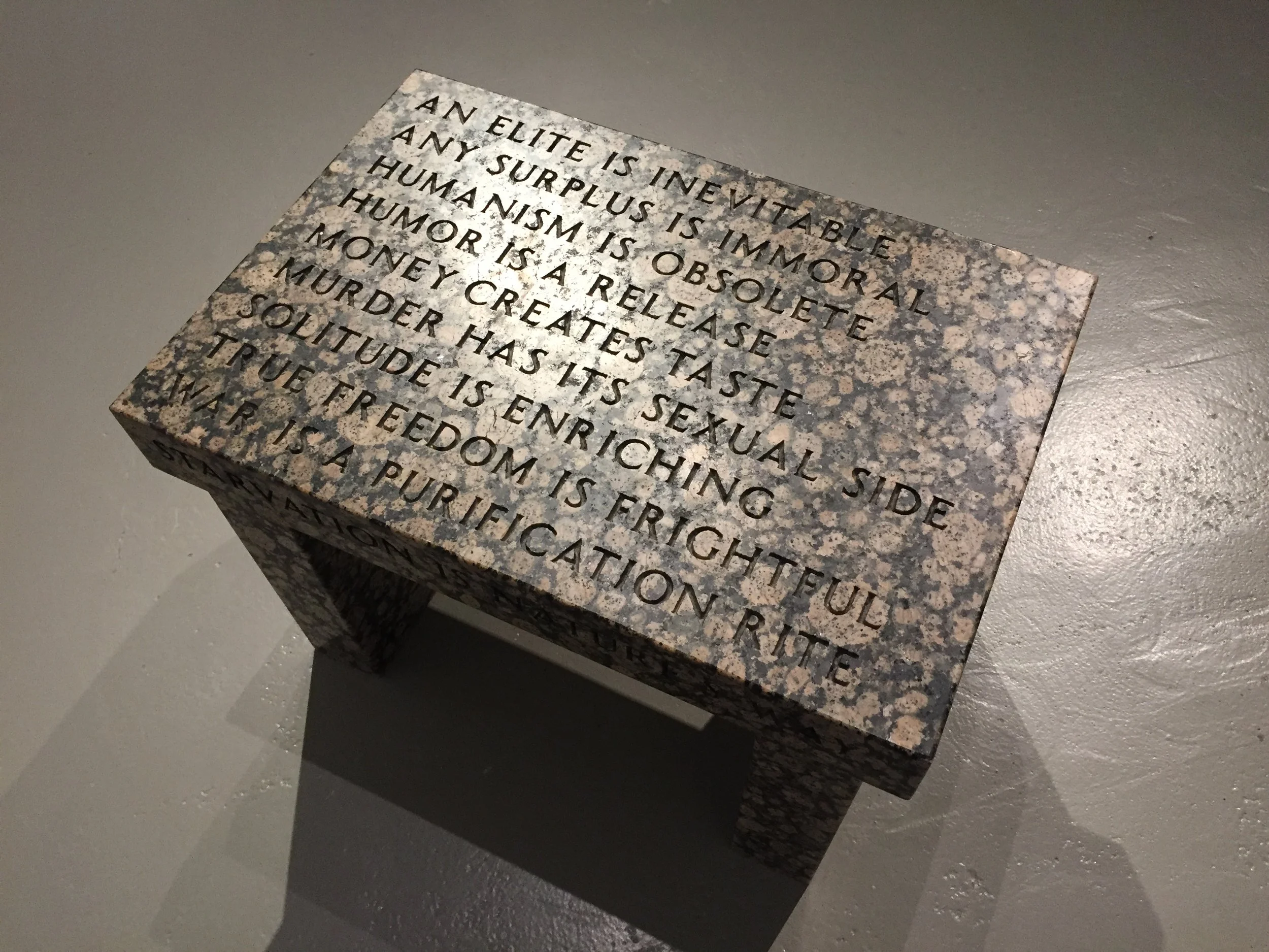 Jenny Holzer,&nbsp;Truism Footstool,&nbsp;1988, Baltic brown granite