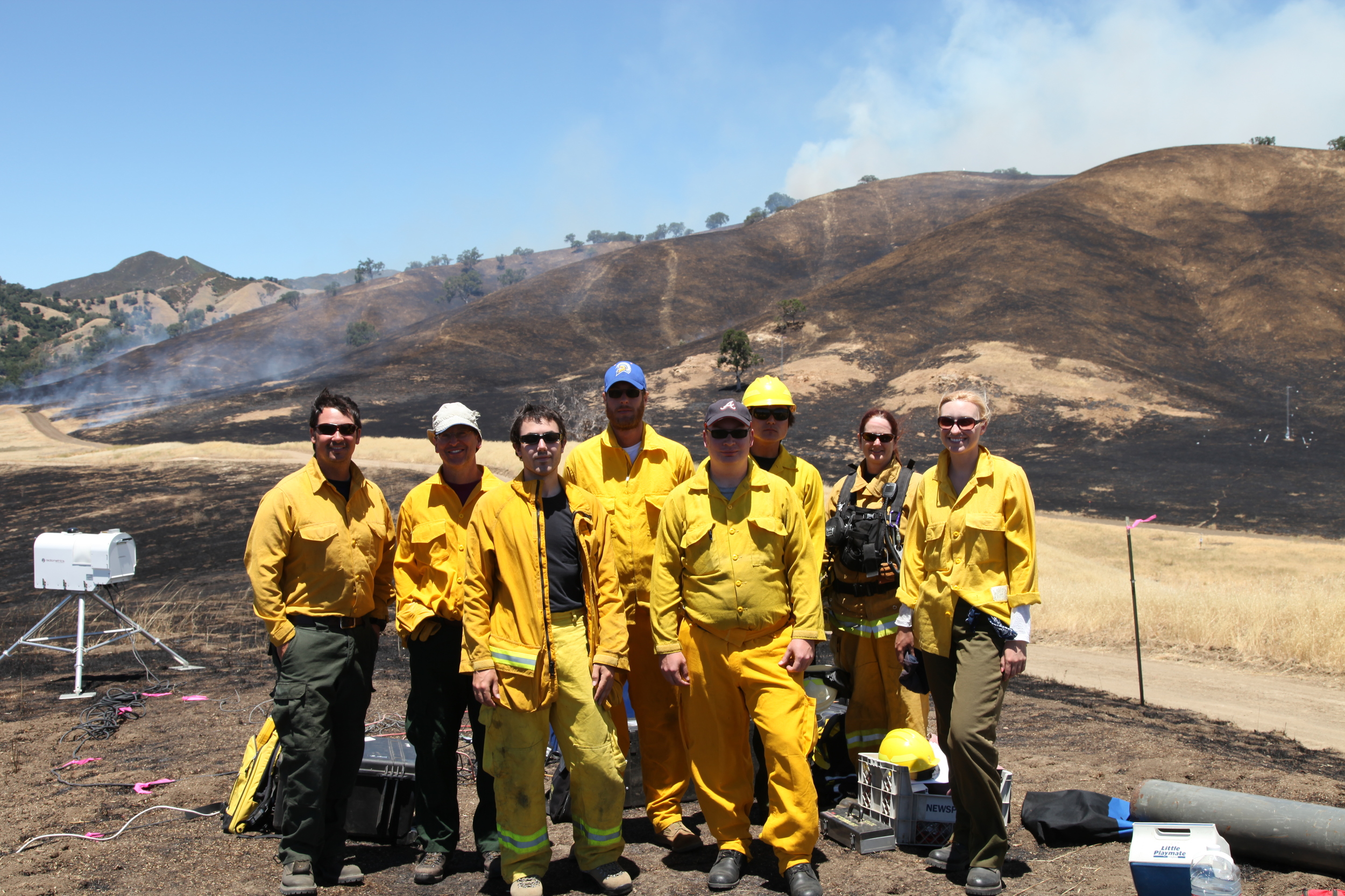 Fire Lab group photo (and Ruddy Mell, USFS) after Fort Hunter Liggett Experiment, 2012.