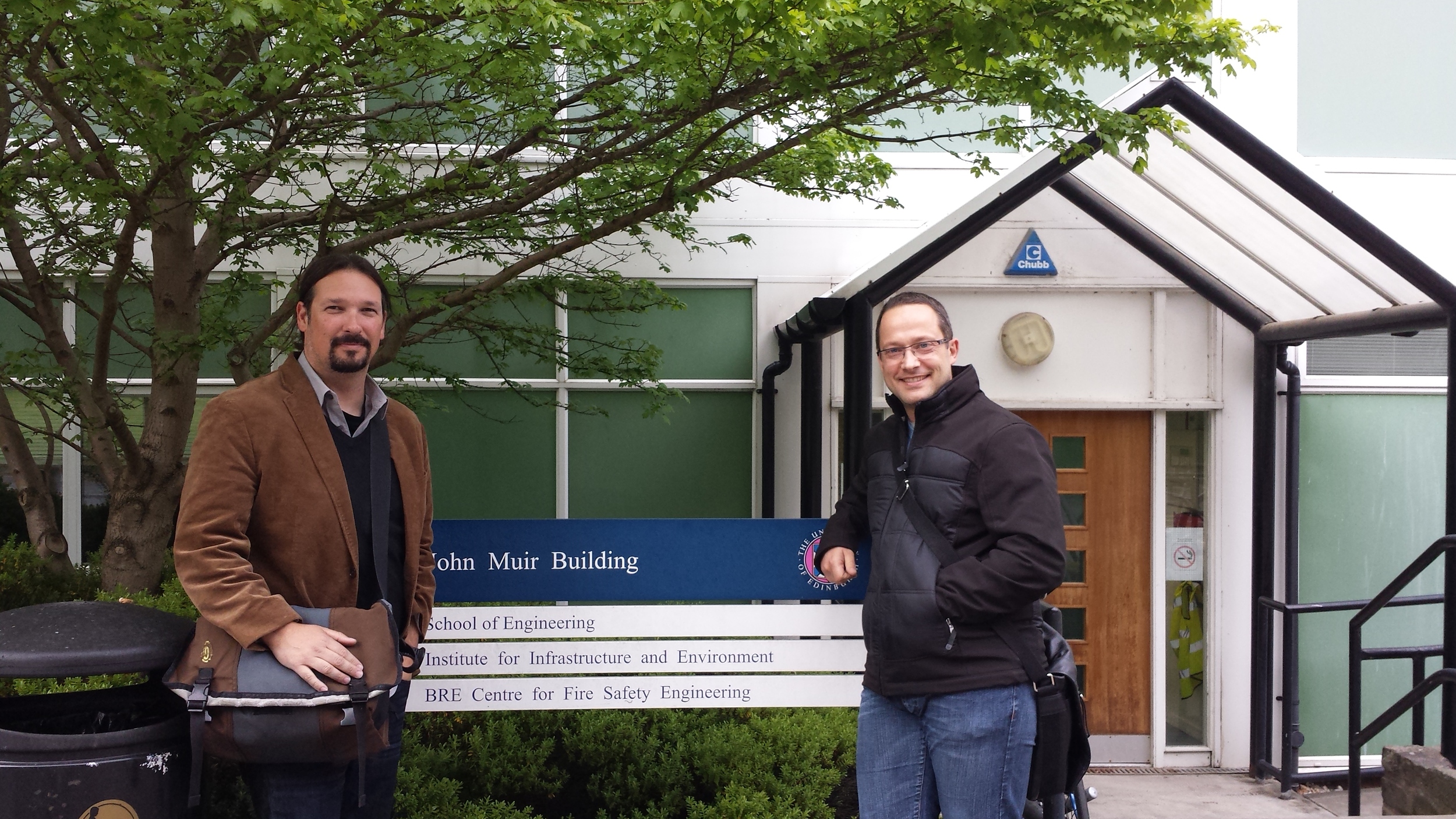 Prof. Clements (left) and Prof. Simeoni (right) in front of the lab building at the university of Edinburgh, kings buildings. May 2015