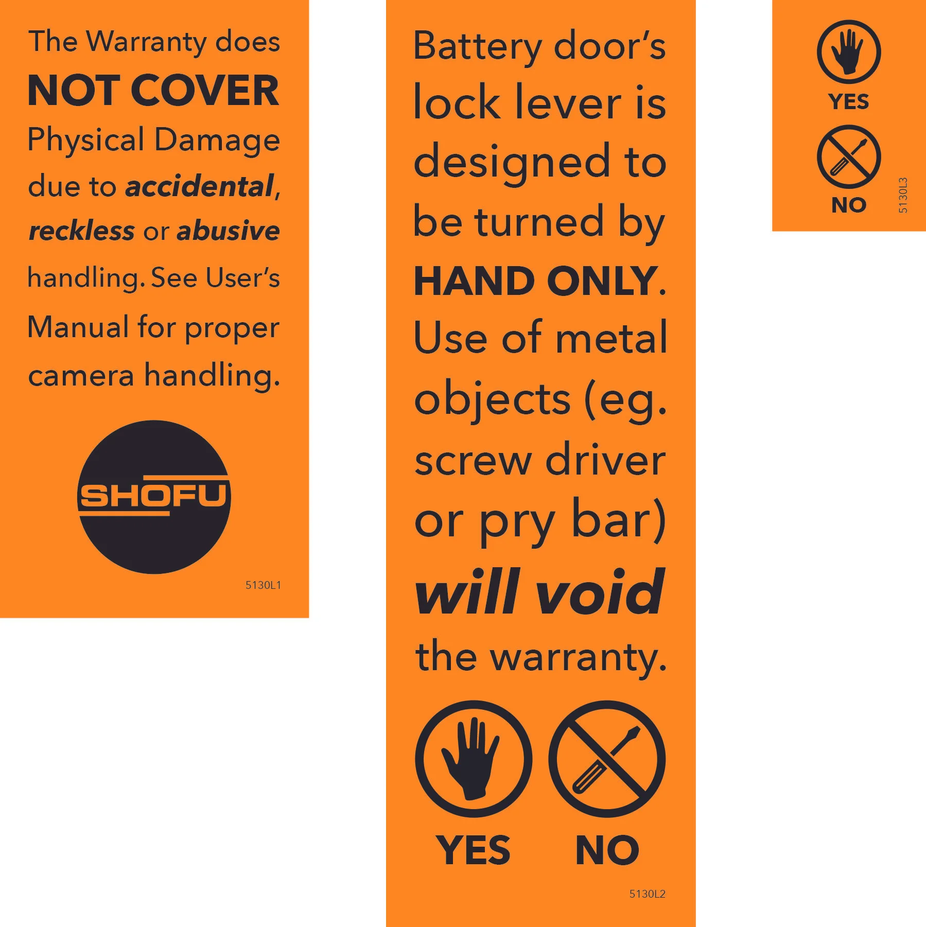 Left: Shipping box sticker | Middle: Manual insert | Right: Camera battery door sticker