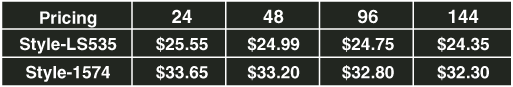 Pricing INCLUDES embroidery up to 5,000 stitches. Setup: $50.00
