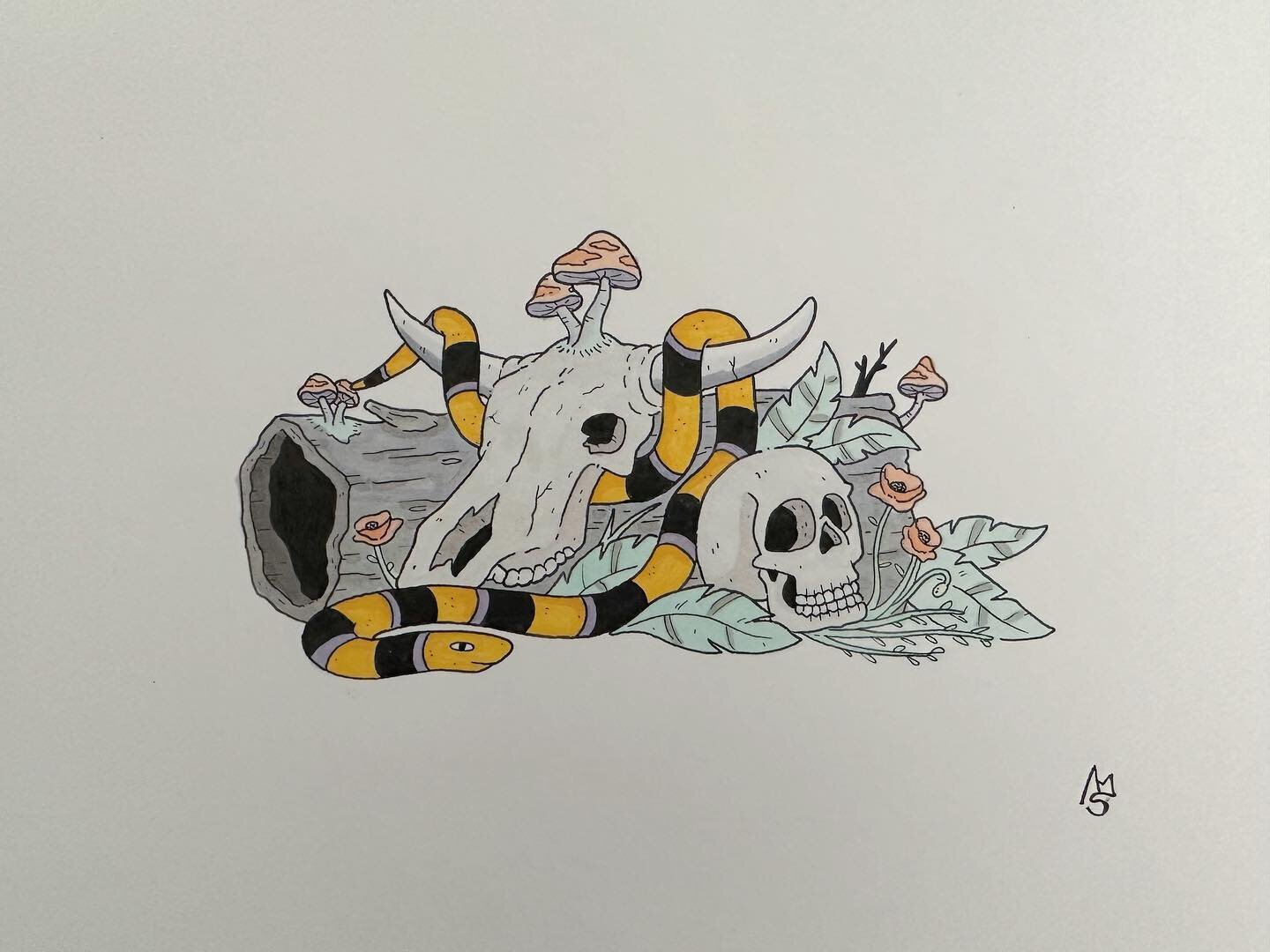 When it comes to snakes and skulls, and everything spooky in between there is no one who loves it more than @rachtilldeath . Which is why I drew up this piece for her most recent birthday. Colored it in with copics, which is always a bit nerve rackin