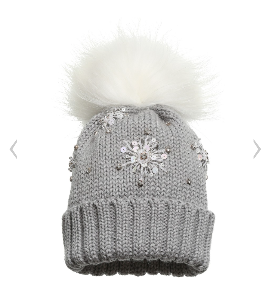 Regina Grey Wool Hat with Snowflakes & Fur Pom-Pom