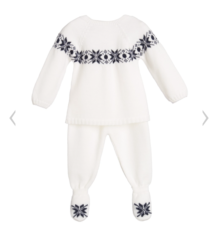 PAZ RODRIGUEZ Ivory & Blue Snowflakes 2 Piece Knitted Babygrow