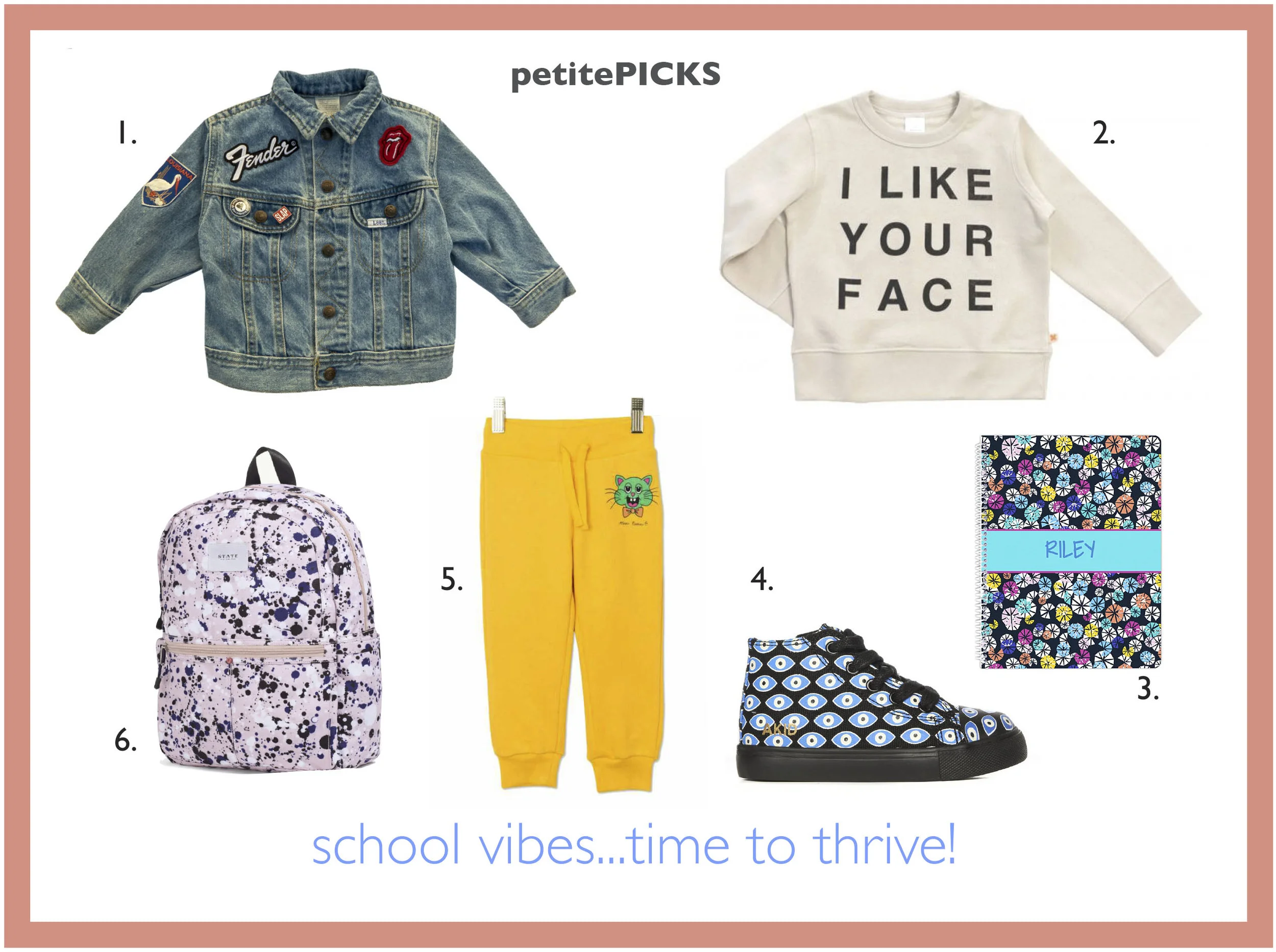 1. Hey Babe Denim Patchwork Jacket 2. Tiny Cottons Sweatshirt 3. Garnet Hill Personalized Notebook 4. AKid High Tops 5. Mini Rodini Cat Yellow Sweatpants 6. State Bag Rose Splatter Backpack